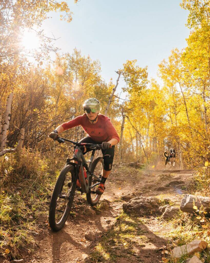 mountain bike rider and dog on trail in the trees